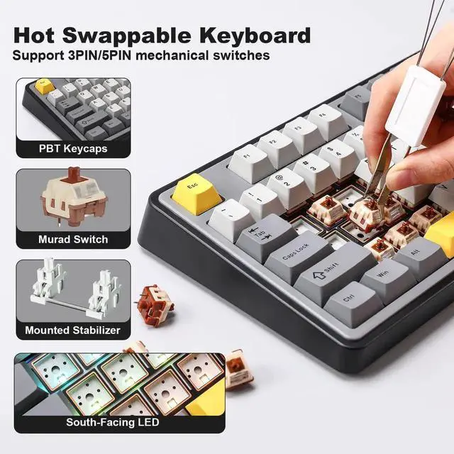 Alt view image 6 of 7 - AJAZZ AK980 98% Tri-Mode Wireless Mechanical Keyboard With Smart Display Knob, Hot Swappable Murad Switch PBT Keycaps RGB Keyboard Black Compatible With Win Mac
