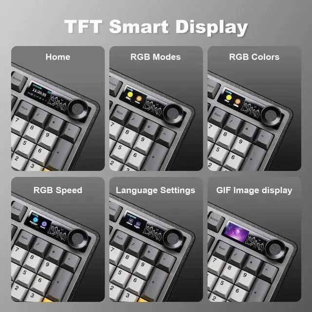 Alt view image 7 of 7 - AJAZZ AK980 98% Tri-Mode Wireless Mechanical Keyboard With Smart Display Knob, Hot Swappable Murad Switch PBT Keycaps RGB Keyboard Black Compatible With Win Mac