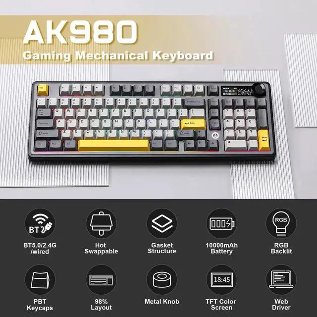 Alt view image 2 of 7 - AJAZZ AK980 98% Tri-Mode Wireless Mechanical Keyboard With Smart Display Knob, Hot Swappable Murad Switch PBT Keycaps RGB Keyboard Black Compatible With Win Mac