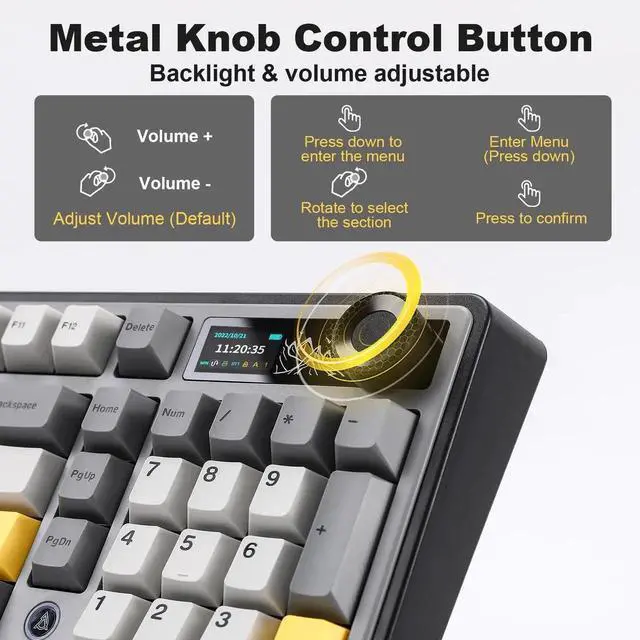 Alt view image 4 of 7 - AJAZZ AK980 98% Tri-Mode Wireless Mechanical Keyboard With Smart Display Knob, Hot Swappable Murad Switch PBT Keycaps RGB Keyboard Black Compatible With Win Mac