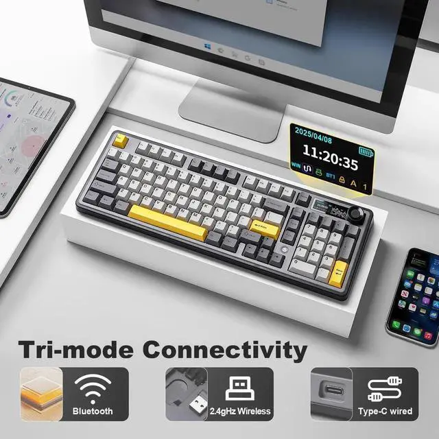 Alt view image 3 of 7 - AJAZZ AK980 98% Tri-Mode Wireless Mechanical Keyboard With Smart Display Knob, Hot Swappable Murad Switch PBT Keycaps RGB Keyboard Black Compatible With Win Mac