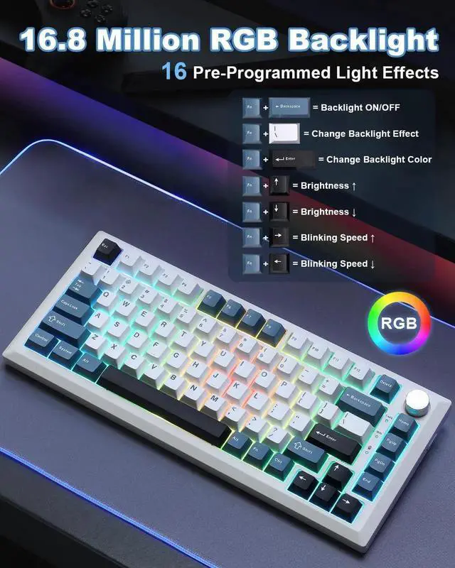 Alt view image 2 of 7 - Y75 Gasket Tri-Mode Wireless Mechanical Keyboard,75% Hot Swappable Keyboard With Control Knob,Pre-lubed Milk Linear Switch,Doubleshot PBT Keycaps RGB Keyboard White Blue