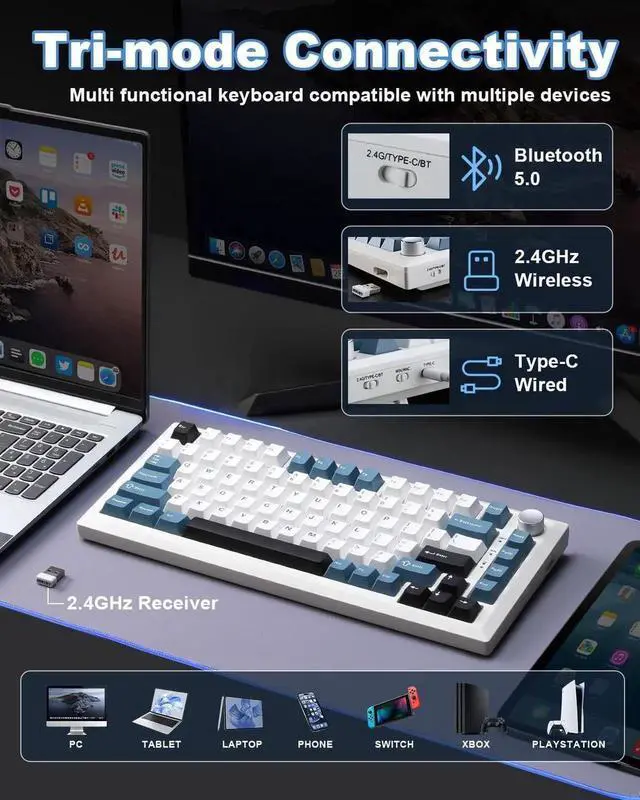 Alt view image 4 of 7 - Y75 Gasket Tri-Mode Wireless Mechanical Keyboard,75% Hot Swappable Keyboard With Control Knob,Pre-lubed Milk Linear Switch,Doubleshot PBT Keycaps RGB Keyboard White Blue