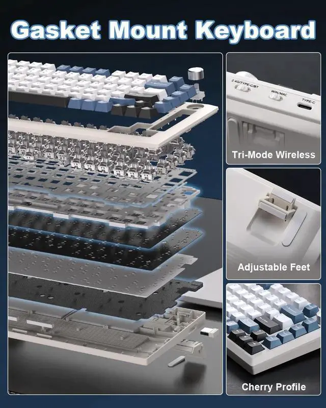 Alt view image 3 of 7 - Y75 Gasket Tri-Mode Wireless Mechanical Keyboard,75% Hot Swappable Keyboard With Control Knob,Pre-lubed Milk Linear Switch,Doubleshot PBT Keycaps RGB Keyboard White Blue