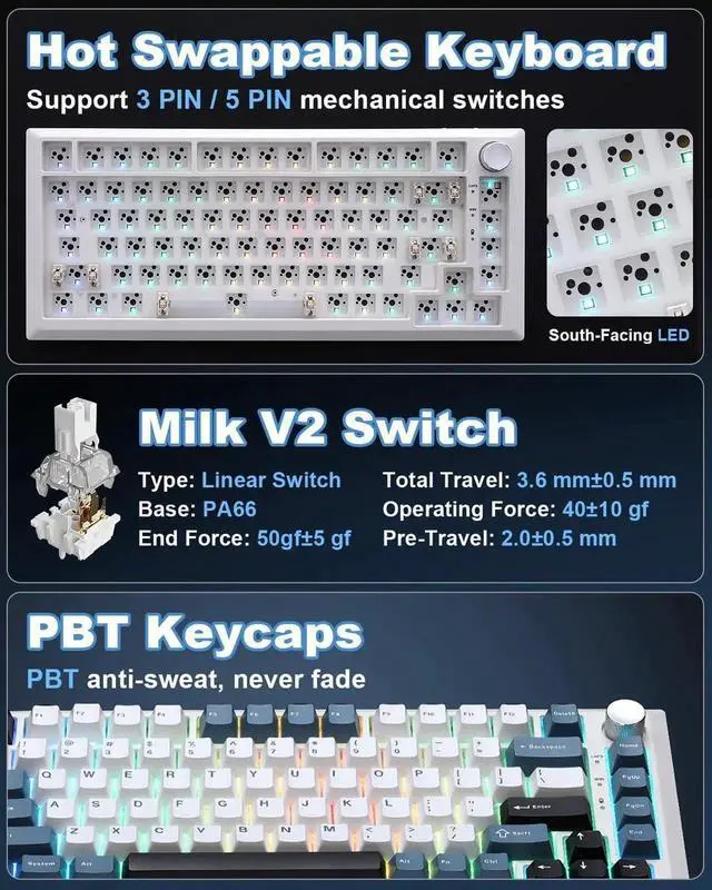 Alt view image 6 of 7 - Y75 Gasket Tri-Mode Wireless Mechanical Keyboard,75% Hot Swappable Keyboard With Control Knob,Pre-lubed Milk Linear Switch,Doubleshot PBT Keycaps RGB Keyboard White Blue
