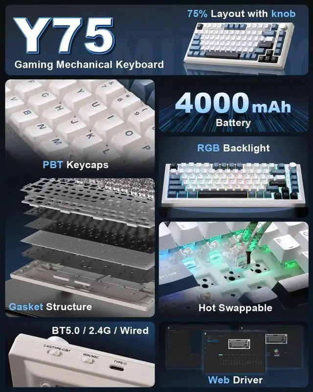 Alt view image 7 of 7 - Y75 Gasket Tri-Mode Wireless Mechanical Keyboard,75% Hot Swappable Keyboard With Control Knob,Pre-lubed Milk Linear Switch,Doubleshot PBT Keycaps RGB Keyboard White Blue