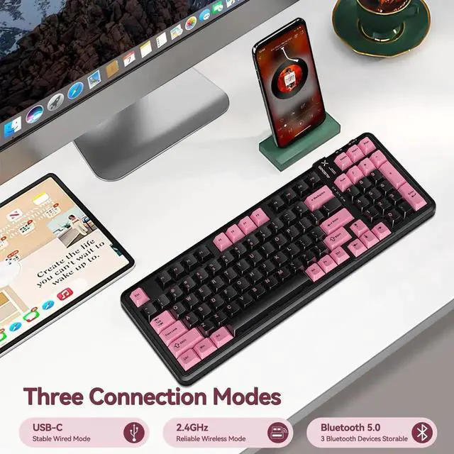 Alt view image 2 of 7 - 98Pro Tri-Mode Wireless Mechanical Keyboard,97 Keys Gasket Hot Swappable Gaming Keyboard Linear Switch RGB Backlit Compatible With Win Mac Black Pink