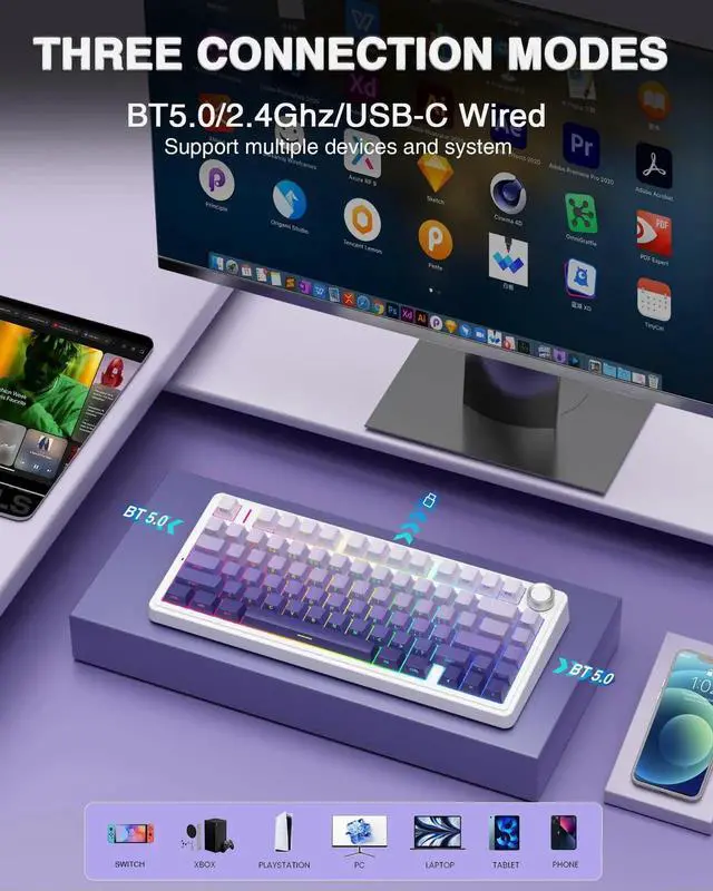 Alt view image 6 of 7 - F75 Pro 75% Gasket Hot Swappable Wireless Keyboard SC580X Gaming Mouse Combo Light Purple