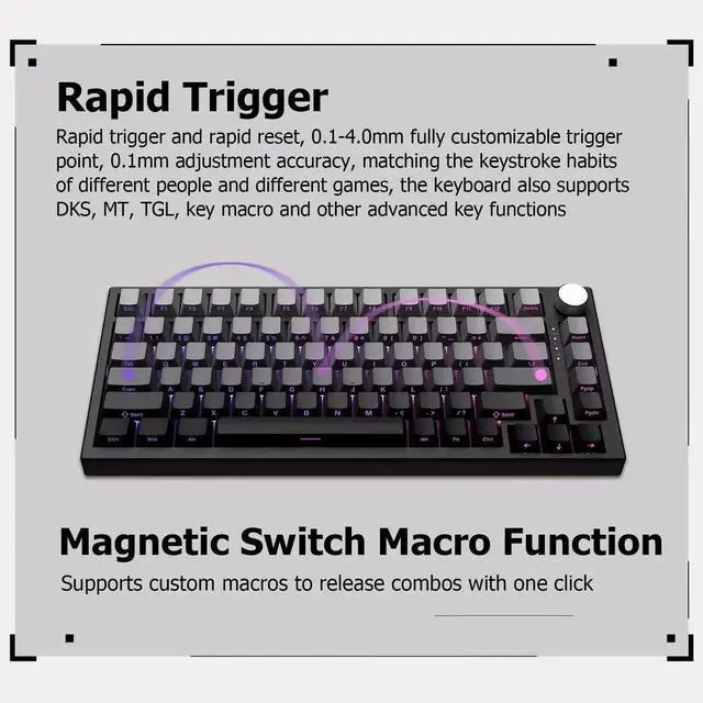 Alt view image 7 of 7 - VGN A75 75% Hall Effect Wireless Gaming Keyboard Rapid Trigger Adjustable Actuation Macro RGB Gasket Hot Swap Gradient Side Printed Keycaps White