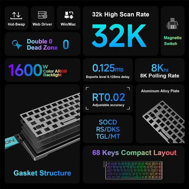 Alt view image 7 of 7 - EWEADN Tank68 Wired Hall Effect Gaming Keyboard Aluminum Alloy Shell 8K Polling Rate Rapid Trigger Gasket Hot Swap RGB Keyboard