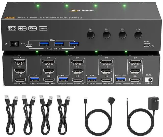 Main image of 4 Port Triple Monitor KVM Switch, 4K@60Hz HDMI Displayport KVM Switcher with EDID Simulation, USB 3.0 Hub Sharing Keyboard Mouse Printer, Wired Remote Control Included for 4 Computers Share 3 Screens