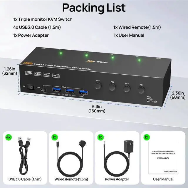 Alt view image 5 of 7 - 4 Port Triple Monitor KVM Switch, 4K@60Hz HDMI Displayport KVM Switcher with EDID Simulation, USB 3.0 Hub Sharing Keyboard Mouse Printer, Wired Remote Control Included for 4 Computers Share 3 Screens