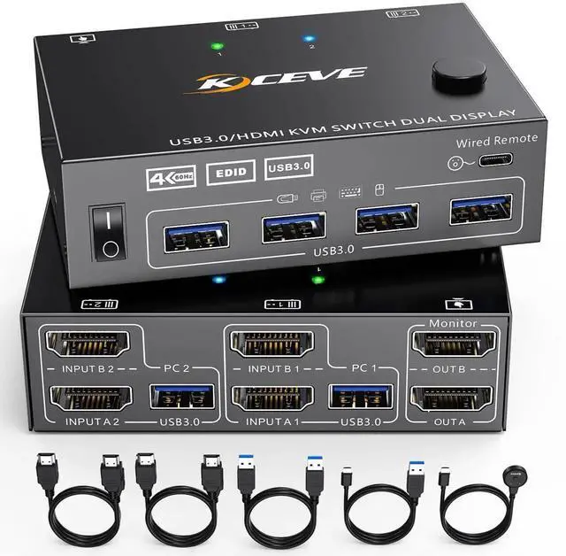 Main image of 2 Port Dual Monitor HDMI KVM Switch 4K@60Hz, EDID Simulation USB 3.0 KVM Switcher, 2 Computers Share 2 Screens & 4 USB Peripherals, with HDMI USB Cables and Switch Controller