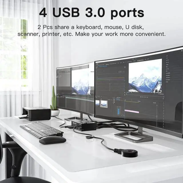 Alt view image 4 of 7 - 2 Port Dual Monitor HDMI KVM Switch 4K@60Hz, EDID Simulation USB 3.0 KVM Switcher, 2 Computers Share 2 Screens & 4 USB Peripherals, with HDMI USB Cables and Switch Controller