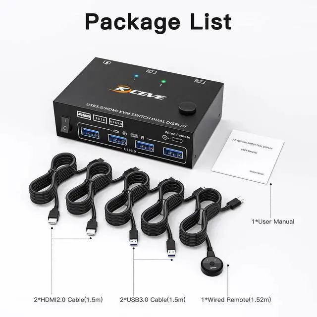 Alt view image 3 of 7 - 2 Port Dual Monitor HDMI KVM Switch 4K@60Hz, EDID Simulation USB 3.0 KVM Switcher, 2 Computers Share 2 Screens & 4 USB Peripherals, with HDMI USB Cables and Switch Controller