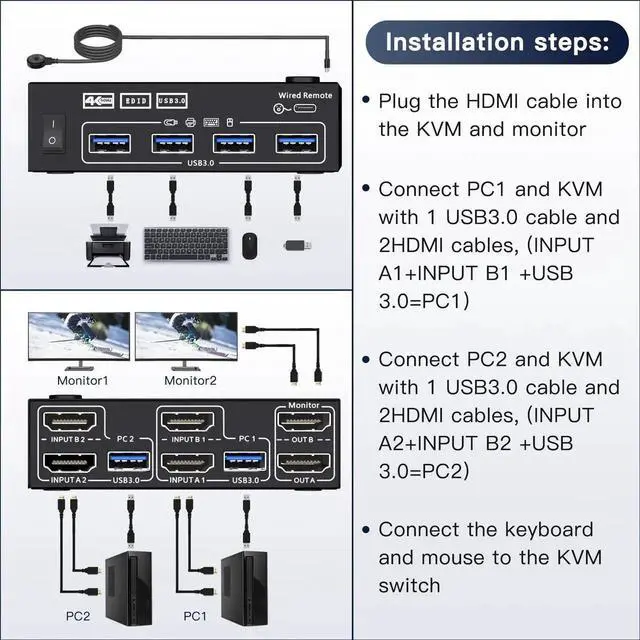 Alt view image 2 of 7 - 2 Port Dual Monitor HDMI KVM Switch 4K@60Hz, EDID Simulation USB 3.0 KVM Switcher, 2 Computers Share 2 Screens & 4 USB Peripherals, with HDMI USB Cables and Switch Controller