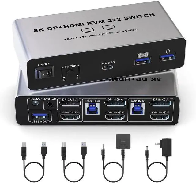Main image of 8K@60Hz Dual Monitor KVM Switch, Aluminum Alloy DisplayPort HDMI KVM Switcher, 2 Computers Share 2 Monitors with 4 USB 3.0 Ports, Includes USB Cables, Power Adapter & Switch Controller