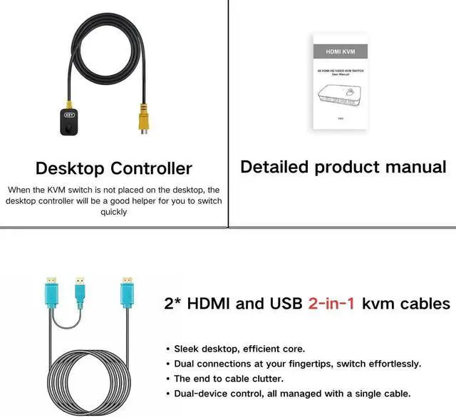 Alt view image 7 of 7 - 2 Port HDMI USB KVM Switch, 4K HDMI KVM Switch Selector Box, 2 Computers Share One Monitor Keyboard Mouse Printer, with 2 Pack KVM Cables