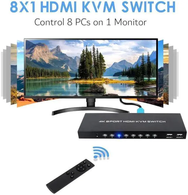 Alt view image 6 of 6 - 8 Port 4K HDMI KVM Switch, 4K@30Hz USB KVM Switcher, 8 Computers Share HD Monitor & 4 USB Peripherals, Comes with IR Remote Control and 8 Sets HDMI USB KVM Cables