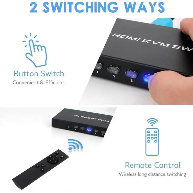 Alt view image 2 of 6 - 8 Port 4K HDMI KVM Switch, 4K@30Hz USB KVM Switcher, 8 Computers Share HD Monitor & 4 USB Peripherals, Comes with IR Remote Control and 8 Sets HDMI USB KVM Cables