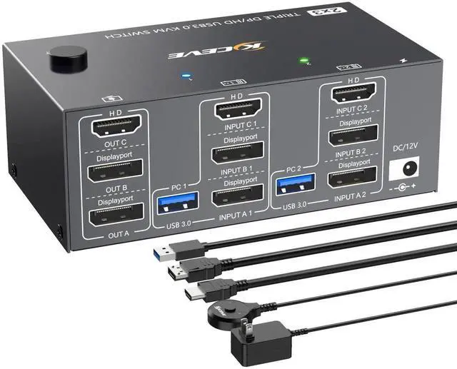 Main image of 2 Computers Triple Monitor KVM Switch, 8K@60Hz 4K@144Hz HDMI DisplayPort KVM Switcher, Support Extended & Mirror Mode, 4 USB 3.0 Ports for Sharing Keyboard Mouse Peripherals