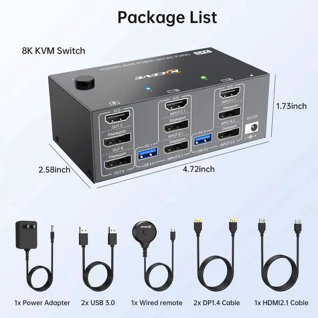 Alt view image 3 of 7 - 2 Computers Triple Monitor KVM Switch, 8K@60Hz 4K@144Hz HDMI DisplayPort KVM Switcher, Support Extended & Mirror Mode, 4 USB 3.0 Ports for Sharing Keyboard Mouse Peripherals