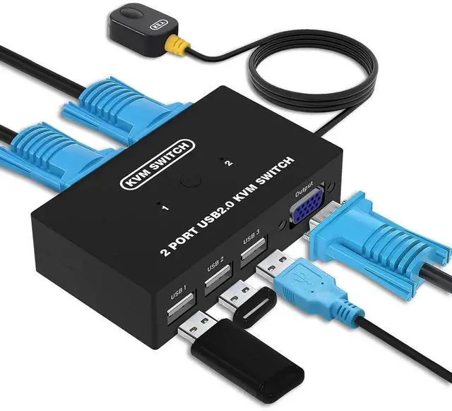 Main image of 2 Port USB VGA KVM Switch, 2 Computers Share 1 Monitor & 3 USB Devices, VGA KVM Switcher for Keyboard Mouse Scanner Printer Compatible with Windows Mac OS