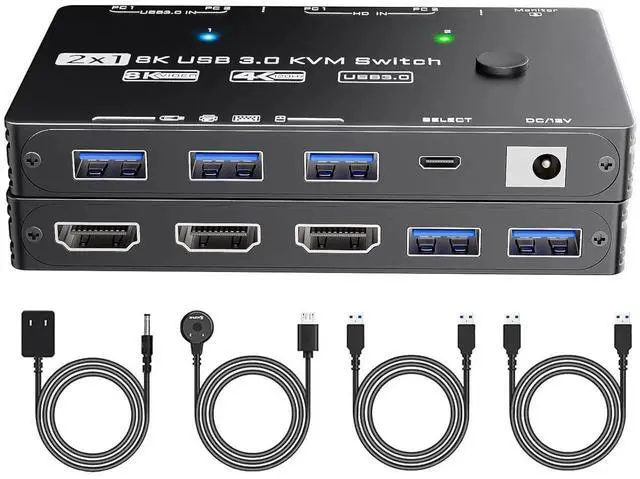 Main image of 2 Port 8K@60Hz HDMI KVM Switch, 2 Computers Share 1 Monitor Keyboard Mouse, Single Screen HDMI KVM Switcher with Power Adapter, Wired Extension Controller & USB 3.0 Cables