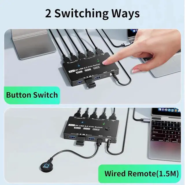 Alt view image 7 of 7 - 2 Port 8K@60Hz HDMI KVM Switch, 2 Computers Share 1 Monitor Keyboard Mouse, Single Screen HDMI KVM Switcher with Power Adapter, Wired Extension Controller & USB 3.0 Cables