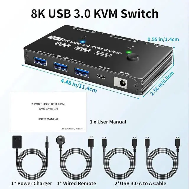 Alt view image 6 of 7 - 2 Port 8K@60Hz HDMI KVM Switch, 2 Computers Share 1 Monitor Keyboard Mouse, Single Screen HDMI KVM Switcher with Power Adapter, Wired Extension Controller & USB 3.0 Cables