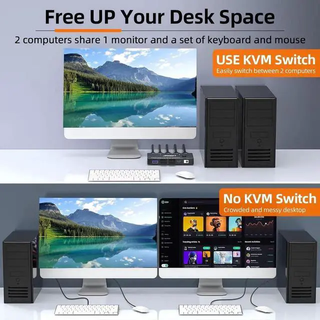 Alt view image 3 of 7 - 2 Port 8K@60Hz HDMI KVM Switch, 2 Computers Share 1 Monitor Keyboard Mouse, Single Screen HDMI KVM Switcher with Power Adapter, Wired Extension Controller & USB 3.0 Cables