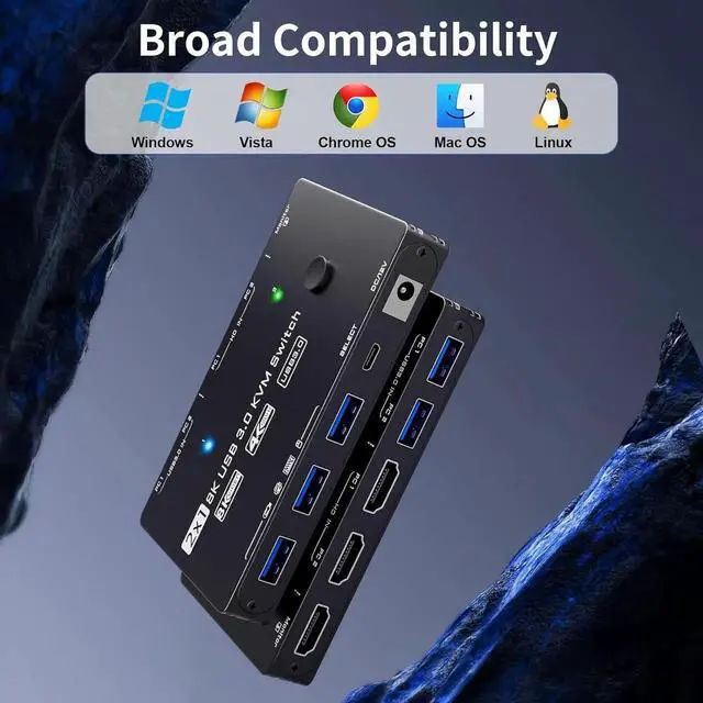 Alt view image 2 of 7 - 2 Port 8K@60Hz HDMI KVM Switch, 2 Computers Share 1 Monitor Keyboard Mouse, Single Screen HDMI KVM Switcher with Power Adapter, Wired Extension Controller & USB 3.0 Cables