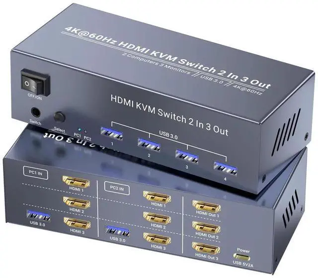 Main image of 2 Port Triple Monitor HDMI KVM Switch 4K@60Hz, 2 Computers Share 3 Monitors & 4 USB 3.0 Ports, Single Set Keyboard Mouse Control KVM Switcher