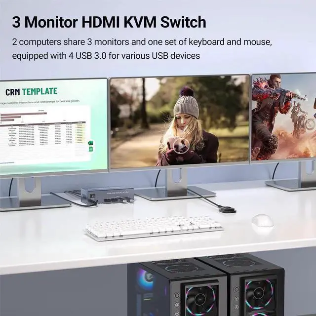 Alt view image 4 of 7 - 2 Port Triple Monitor HDMI KVM Switch 4K@60Hz, 2 Computers Share 3 Monitors & 4 USB 3.0 Ports, Single Set Keyboard Mouse Control KVM Switcher