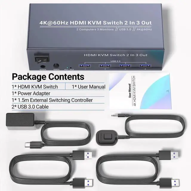 Alt view image 7 of 7 - 2 Port Triple Monitor HDMI KVM Switch 4K@60Hz, 2 Computers Share 3 Monitors & 4 USB 3.0 Ports, Single Set Keyboard Mouse Control KVM Switcher