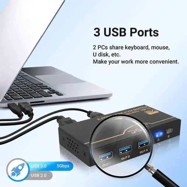 Alt view image 4 of 6 - 2 Port 8K HDMI 2.1 KVM Switch, 8K@60Hz 4K@120Hz High Speed KVM Switcher, 2 Computers Share 1 Monitor & 3 USB 3.0 Devices, with 2 HDMI 2.1 Cables and 2 USB 3.0 Cables