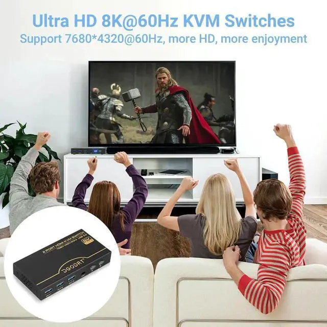 Alt view image 2 of 6 - 2 Port 8K HDMI 2.1 KVM Switch, 8K@60Hz 4K@120Hz High Speed KVM Switcher, 2 Computers Share 1 Monitor & 3 USB 3.0 Devices, with 2 HDMI 2.1 Cables and 2 USB 3.0 Cables