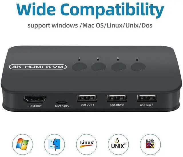 Alt view image 6 of 6 - 4 Port 4K HDMI KVM Switch, 4K@30Hz USB KVM Switcher, 4 Computers Share Single Monitor & 3 USB Devices Keyboard Mouse Printer, with 4 Pcs KVM Cables