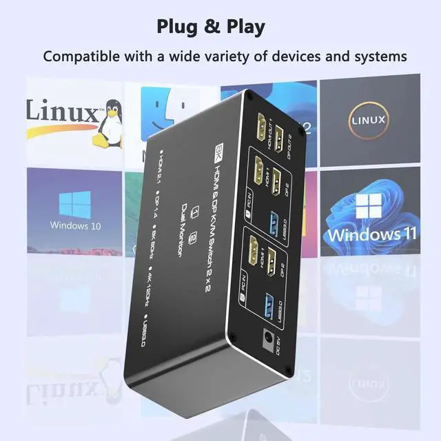 Alt view image 2 of 7 - 8K HDMI DisplayPort Dual Monitor KVM Switch, 2 Computers Share 2 Screens KVM Switcher, USB 3.0 Hub Support Extended Mirror Mode with Desktop Controller & 2 USB Cables