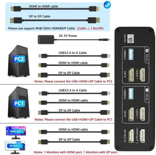 Alt view image 7 of 7 - 8K HDMI DisplayPort Dual Monitor KVM Switch, 2 Computers Share 2 Screens KVM Switcher, USB 3.0 Hub Support Extended Mirror Mode with Desktop Controller & 2 USB Cables