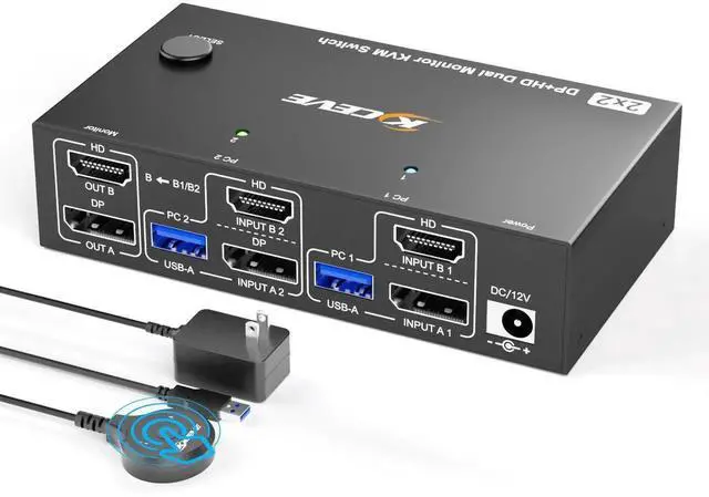 Main image of 8K@60Hz HDMI DisplayPort Dual Monitor KVM Switch, 2 Computers Share 2 Monitors with 4 USB 3.0 Ports, KVM Switcher Equipped with Wired Remote, 12V Power Adapter & USB Cables