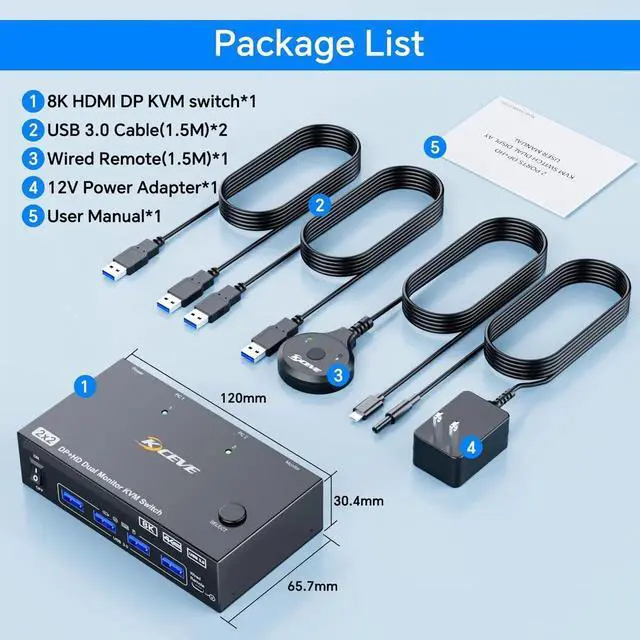 Alt view image 5 of 7 - 8K@60Hz HDMI DisplayPort Dual Monitor KVM Switch, 2 Computers Share 2 Monitors with 4 USB 3.0 Ports, KVM Switcher Equipped with Wired Remote, 12V Power Adapter & USB Cables