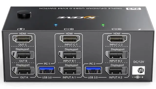 Main image of 8K@60Hz 4K@144Hz Triple Monitor KVM Switch, HDMI + Dual DisplayPort 2 Computers KVM Switcher, Share 3 Monitors & 4 USB 3.0 Devices, Come with Wired Remote & USB Cable