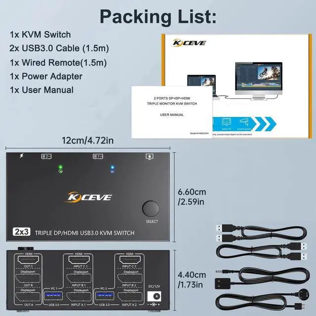 Alt view image 4 of 7 - 8K@60Hz 4K@144Hz Triple Monitor KVM Switch, HDMI + Dual DisplayPort 2 Computers KVM Switcher, Share 3 Monitors & 4 USB 3.0 Devices, Come with Wired Remote & USB Cable