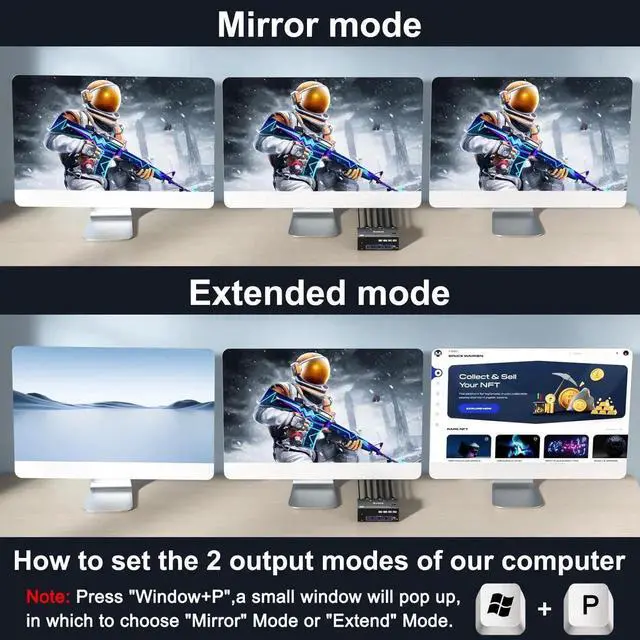 Alt view image 2 of 7 - 8K@60Hz 4K@144Hz Triple Monitor KVM Switch, HDMI + Dual DisplayPort 2 Computers KVM Switcher, Share 3 Monitors & 4 USB 3.0 Devices, Come with Wired Remote & USB Cable