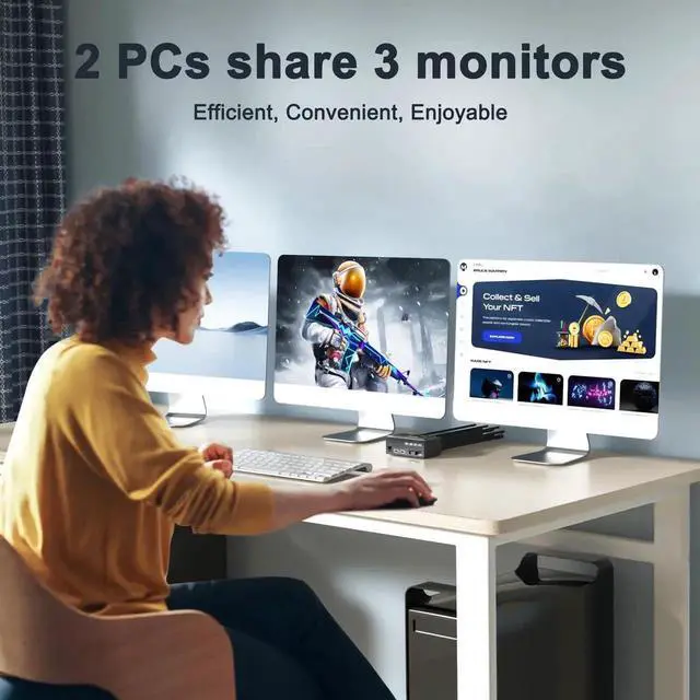 Alt view image 7 of 7 - 8K@60Hz 4K@144Hz Triple Monitor KVM Switch, HDMI + Dual DisplayPort 2 Computers KVM Switcher, Share 3 Monitors & 4 USB 3.0 Devices, Come with Wired Remote & USB Cable