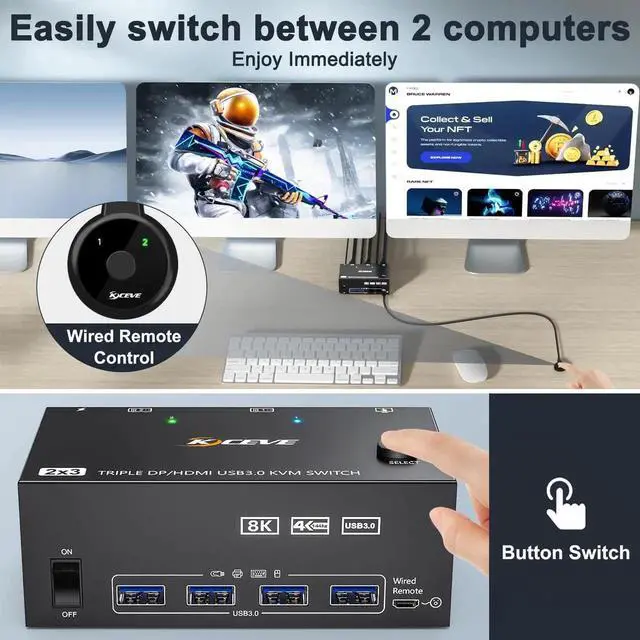 Alt view image 6 of 7 - 8K@60Hz 4K@144Hz Triple Monitor KVM Switch, HDMI + Dual DisplayPort 2 Computers KVM Switcher, Share 3 Monitors & 4 USB 3.0 Devices, Come with Wired Remote & USB Cable