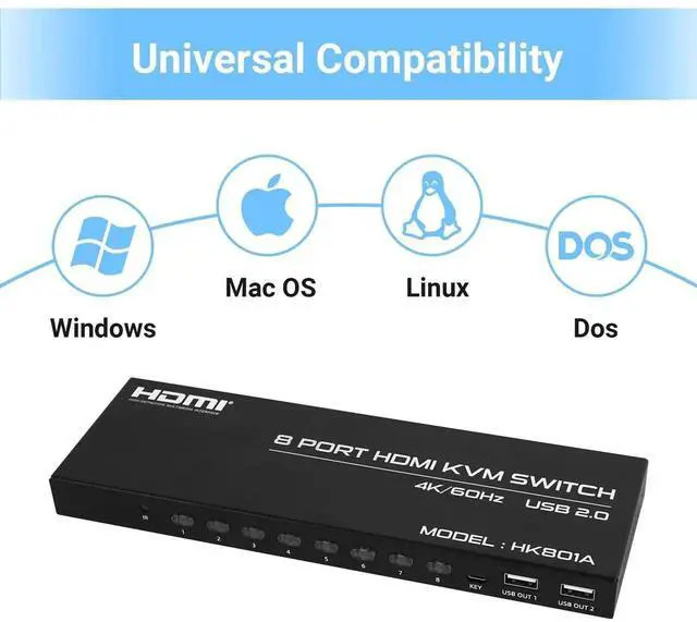 Alt view image 6 of 7 - 8 Port 4K@60Hz HDMI KVM Switch, 8 in 1 Out KVM Switcher, 8 Computers Share 1 Monitor & 4 USB Devices, with 8 HDMI Cables and IR Remote Control