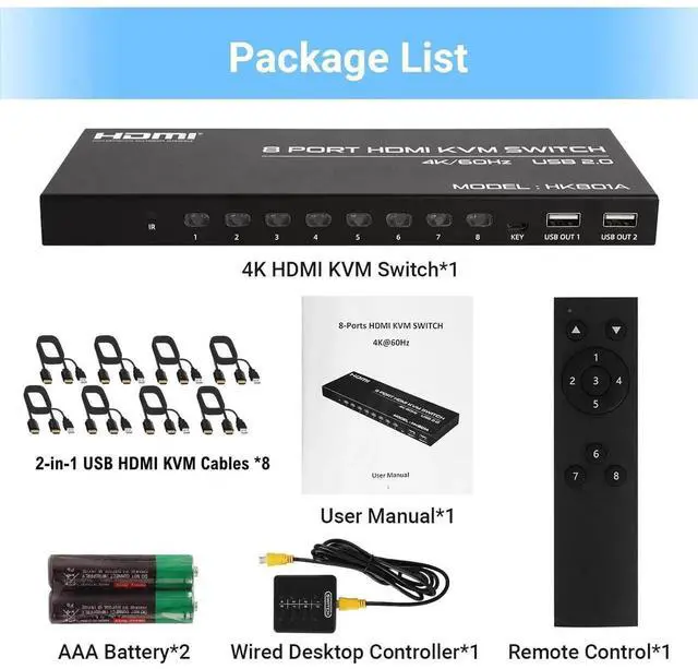Alt view image 2 of 7 - 8 Port 4K@60Hz HDMI KVM Switch, 8 in 1 Out KVM Switcher, 8 Computers Share 1 Monitor & 4 USB Devices, with 8 HDMI Cables and IR Remote Control