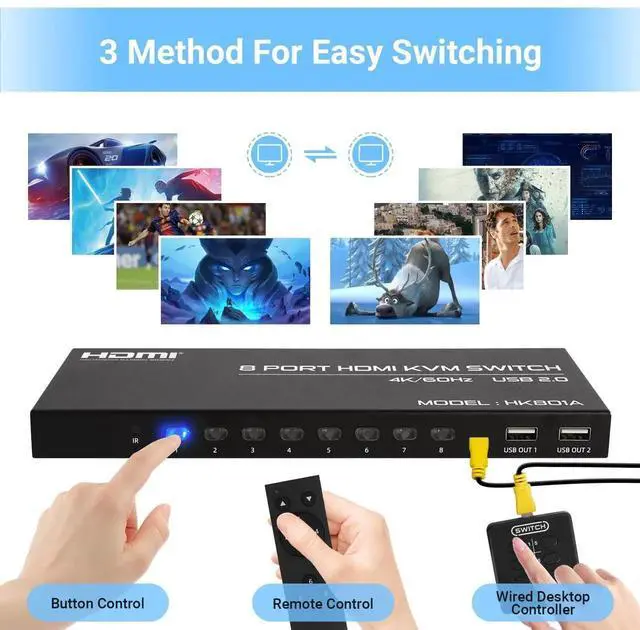 Alt view image 7 of 7 - 8 Port 4K@60Hz HDMI KVM Switch, 8 in 1 Out KVM Switcher, 8 Computers Share 1 Monitor & 4 USB Devices, with 8 HDMI Cables and IR Remote Control